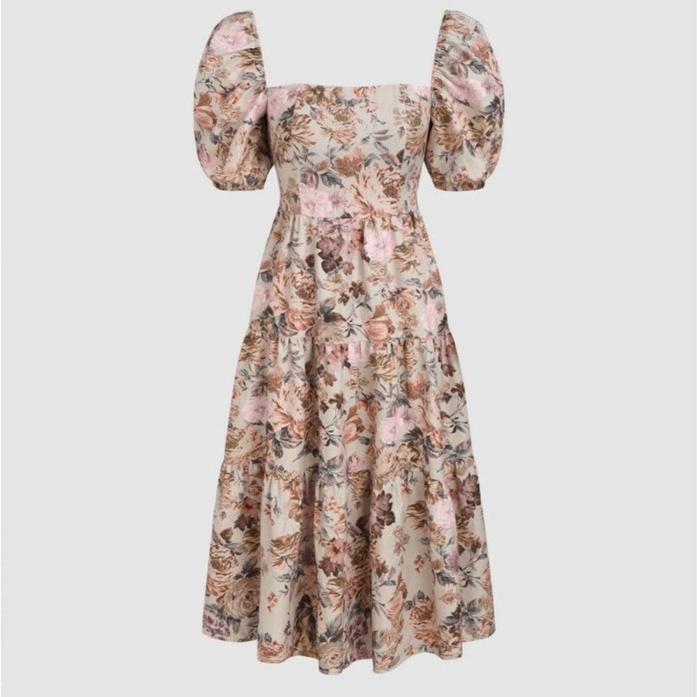 Floral Puff Sleeve Square Neck Midi Dress